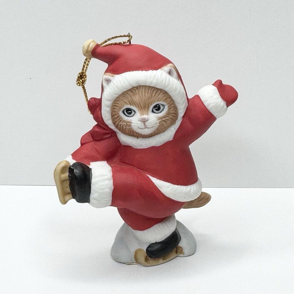 1987 Schmid‎ Kitty Cucumber Christmas Ornament Ginger Skater Cat Kitten Figurine
